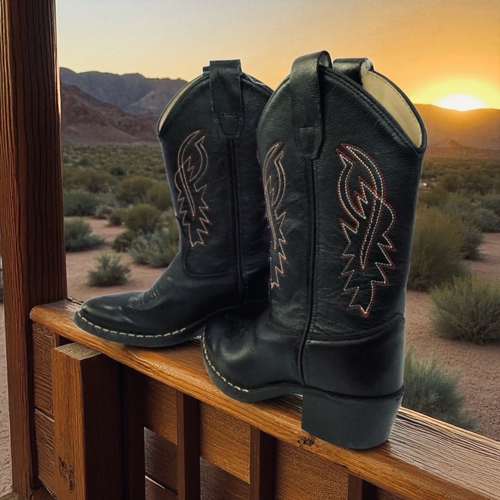 Old West Cowboy Boots Black Leather Western Pull On B8110 Child Boys Size 10.5D